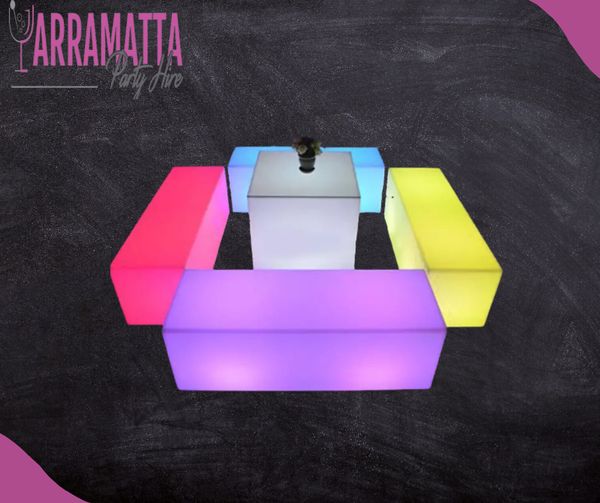 Hire LED Straight Bench & Cube Table Set