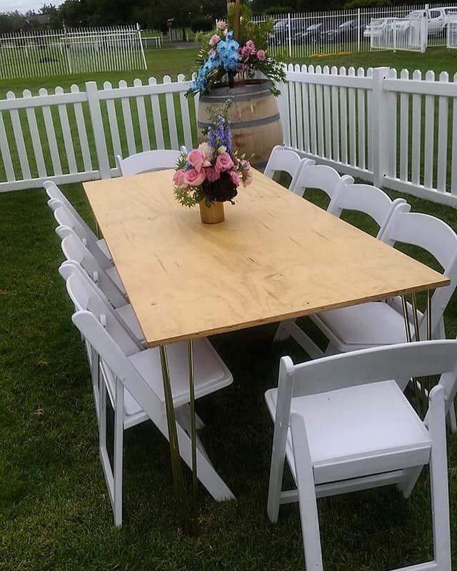 Hire Gold Hairpin Banquet Table With Natural Timber Top, hire Tables, near Traralgon image 1