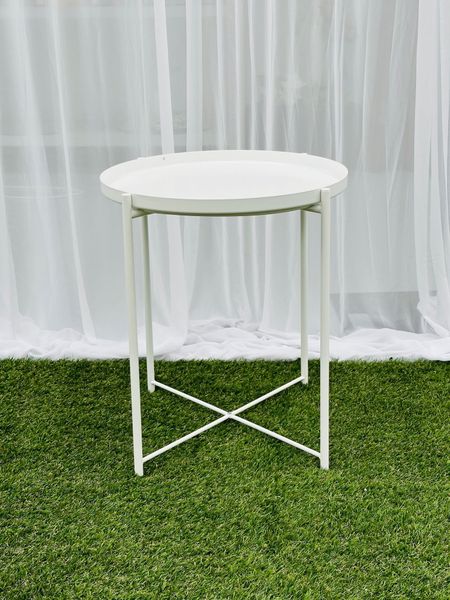 Hire ROUND WHITE SIDE TABLE, from Weddings of Distinction