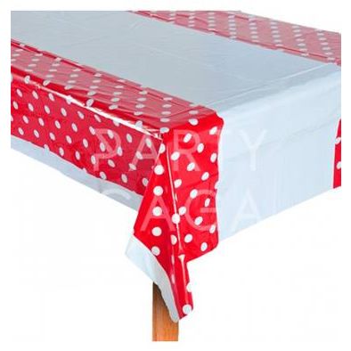 Hire Red polka dot tablecloth for 1800mm table