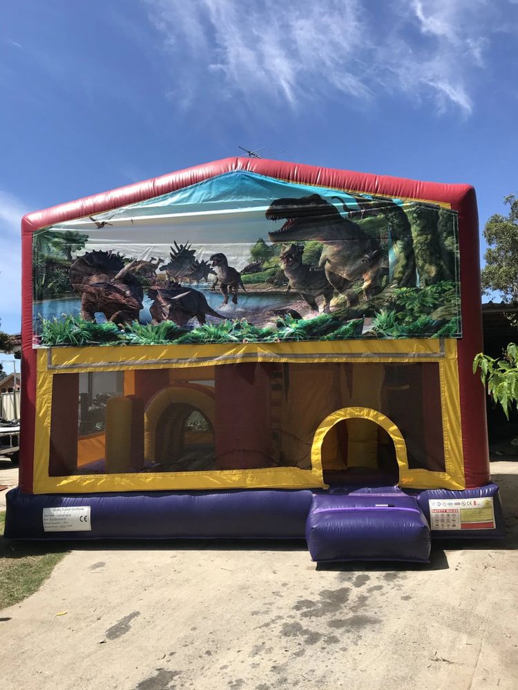 Hire Jarrassic world 5in1 combo with slide pop ups basketball hoop obstacles tunnel 5x5m, hire Jumping Castles, near Doonside