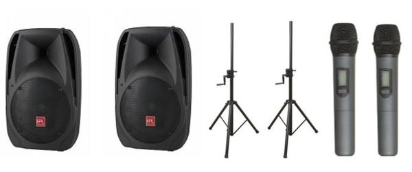 Hire PA System - 2x Speakers, 2x Speaker Stands & 2x Wireless Microphones