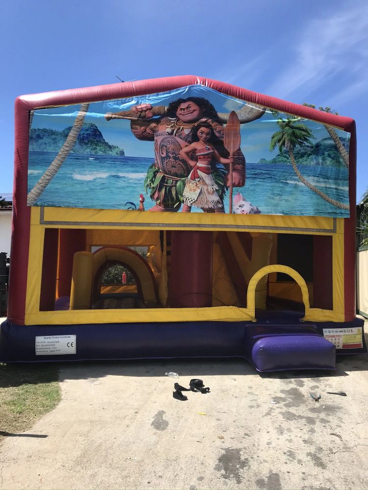 Hire MOANA 5X5.5M 5IN1 1 COMBO WITH SLIDE POP UPS BASKETBALL HOOP OBSTACLES AND TUNNEL, hire Jumping Castles, near Doonside