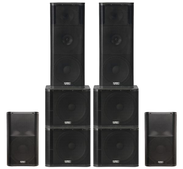 Hire 2 x QSC KW153 1000W 15" 3-way PA Speakers, 2 x QSC K12 1000W 12" Speakers and 4 x QSC KW181 1000W 18" Subwoofers (500 People)