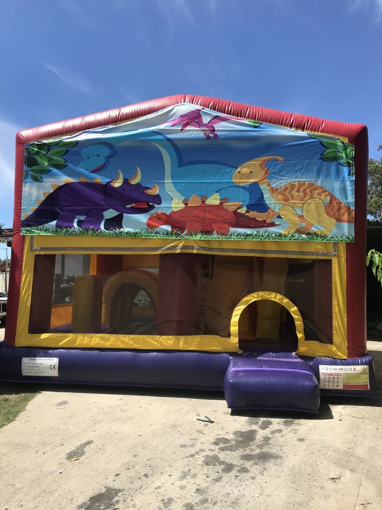 Hire Cartoon dinosaur 5in1 combo with slide pop ups basketball hoop obstacles tunnel 5x5m, hire Jumping Castles, near Doonside