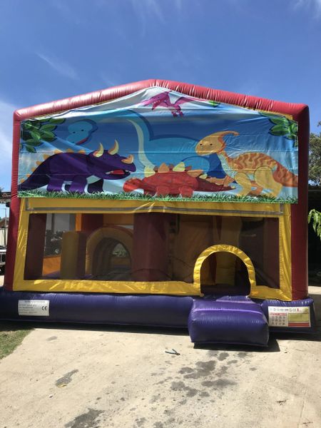 Hire Cartoon dinosaur 5in1 combo with slide pop ups basketball hoop obstacles tunnel 5x5m