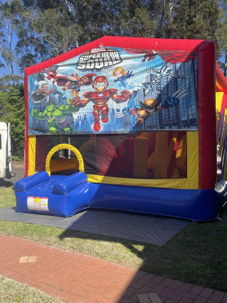 Hire SUPER HEROES 5IN1 COMBO 5X5M WITH SLIDE POP UP BASKETBALL HOOP OBSTACLES & TUNNEL, hire Jumping Castles, near Doonside