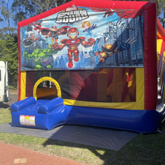 Hire SUPER HEROES 5IN1 COMBO 5X5M WITH SLIDE POP UP BASKETBALL HOOP OBSTACLES & TUNNEL