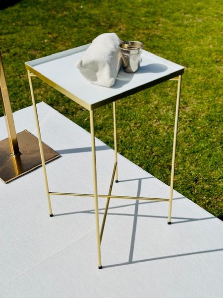 Hire GOLD AND WHITE GLOSS SQUARE TABLE, from Weddings of Distinction