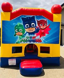 Hire PJ Mask (3x4m) with slide and Basketball Ring inside, hire Jumping Castles, near Mickleham